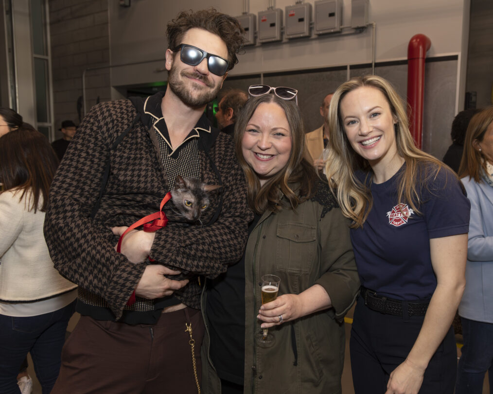 Grey Damon, Stacy McKee (creator & executive producer), and Danielle Savre on set in Los Angeles to commemorate 100 episodes of Station 19