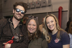 Grey Damon, Stacy McKee (creator & executive producer), and Danielle Savre on set in Los Angeles to commemorate 100 episodes of Station 19