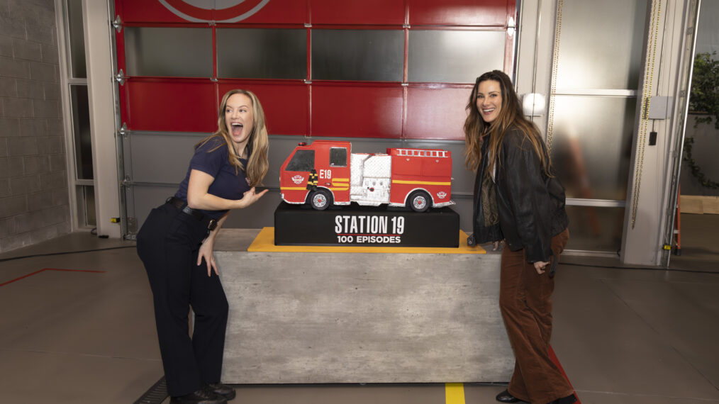 Danielle Savre and Stefania Spampinato on set in Los Angeles to commemorate 100 episodes of Station 19