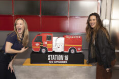 Danielle Savre and Stefania Spampinato on set in Los Angeles to commemorate 100 episodes of Station 19