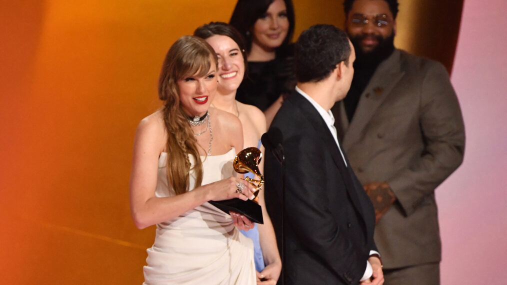 Taylor Swift accepts the Album Of The Year award for 'Midnights' on stage during the 66th Annual Grammy Awards