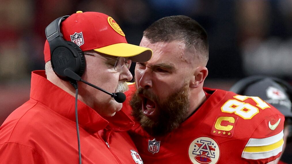 Andy Reid and Travis Kelce at Super Bowl