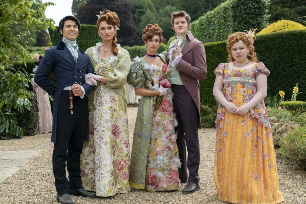 James Phoon as Harry Dankworth, Bessie Carter as Prudence Featherington, Harriet Cains as Philipa Featherington, Lorn Macdonald as Albion Finch, and Nicola Coughlan as Penelope Featherington in 'Bridgerton' Season 3