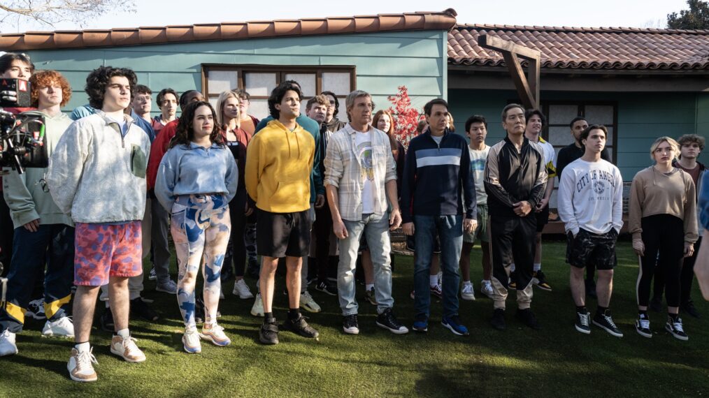 Griffin Santopietro as Anthony LaRusso, Mary Mouser as Samantha LaRusso, Xolo Maridueña as Miguel Diaz, William Zabka as Johnny Lawrence, Ralph Macchio as Daniel LaRusso, Nathaniel Oh as Nate, Yuji Okumoto as Chozen Toguchi, Tanner Buchanan as Robby Keene, and Peyton List as Tory Nichols in 'Cobra Kai' Season 6