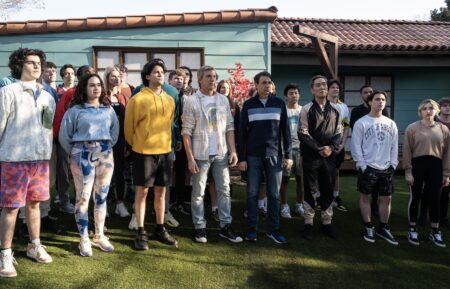 Griffin Santopietro as Anthony LaRusso, Mary Mouser as Samantha LaRusso, Xolo Maridueña as Miguel Diaz, William Zabka as Johnny Lawrence, Ralph Macchio as Daniel LaRusso, Nathaniel Oh as Nate, Yuji Okumoto as Chozen Toguchi, Tanner Buchanan as Robby Keene, and Peyton List as Tory Nichols in 'Cobra Kai' Season 6