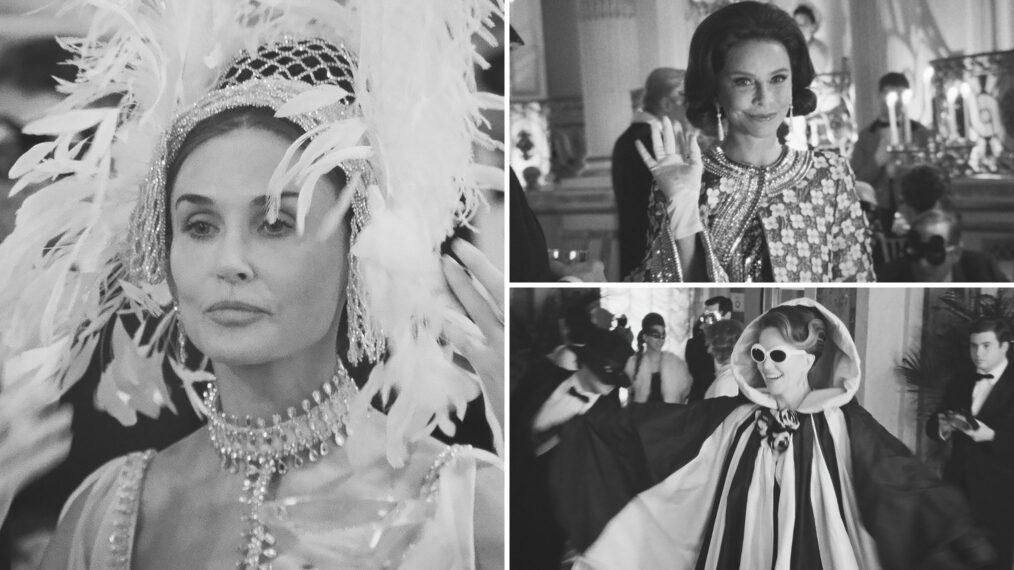 Demi Moore, Calista Flockhart & Diane Lane in 'Feud: Capote Vs. The Swans' for the black and white masquerade ball in Zac Posen's designs