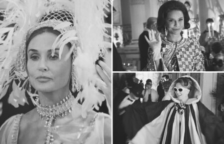 Demi Moore, Calista Flockhart & Diane Lane in 'Feud: Capote Vs. The Swans' for the black and white masquerade ball in Zac Posen's designs