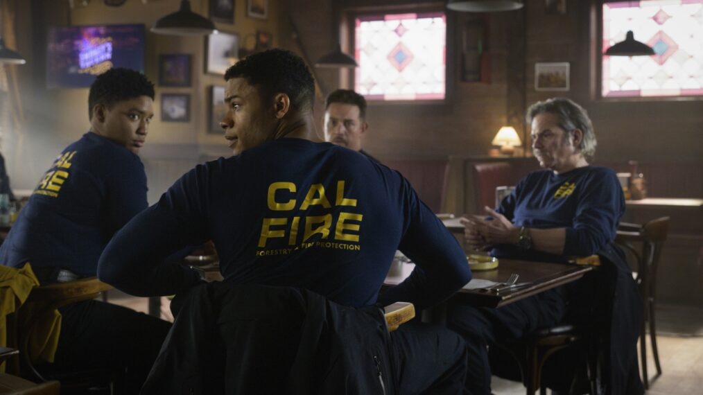 Jules Latimer as Eve Edwards, Jordan Calloway as Jake Crawford, Kevin Alejandro as Manny Perez, and Billy Burke as Vince Leone — 'Fire Country' Season 2 Premiere