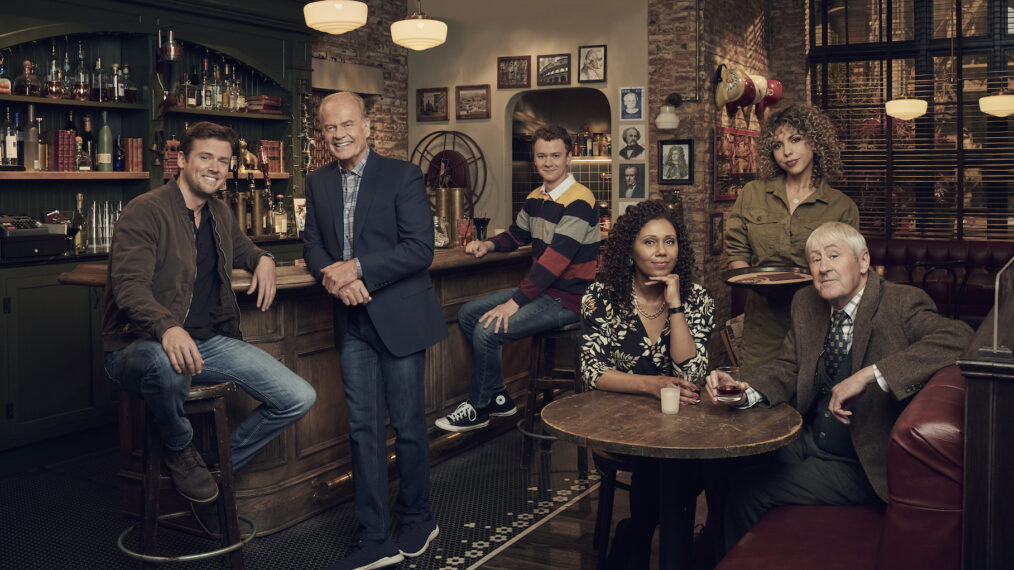 Jack Cutmore-Scott as Freddy Crane, Kelsey Grammer as Frasier Crane, Anders Keith as David Crane, Toks Olagundoye as Olivia, Jess Salgueiro as Eve and Nicholas Lyndhurst as Alan — 'Frasier'