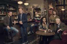 Jack Cutmore-Scott as Freddy Crane, Kelsey Grammer as Frasier Crane, Anders Keith as David Crane, Toks Olagundoye as Olivia, Jess Salgueiro as Eve and Nicholas Lyndhurst as Alan — 'Frasier'