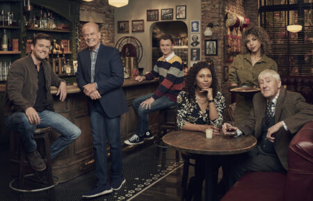 Jack Cutmore-Scott as Freddy Crane, Kelsey Grammer as Frasier Crane, Anders Keith as David Crane, Toks Olagundoye as Olivia, Jess Salgueiro as Eve and Nicholas Lyndhurst as Alan — 'Frasier'