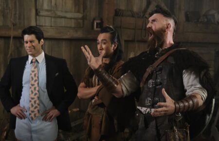 Asher Grodman as Trevor, Roman Zaragoza as Sasappis, and Devan Chandler Long as Thorfinn. in 'Ghosts' Season 3