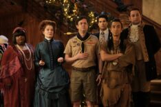 Danielle Pinnock as Alberta, Rebecca Wisocky as Hetty, Richie Moriarty as Pete, Asher Grodman as Trevor, Roman Zaragoza as Sasappis, and Brandon Scott Jones as Isaac in 'Ghosts' Season 3