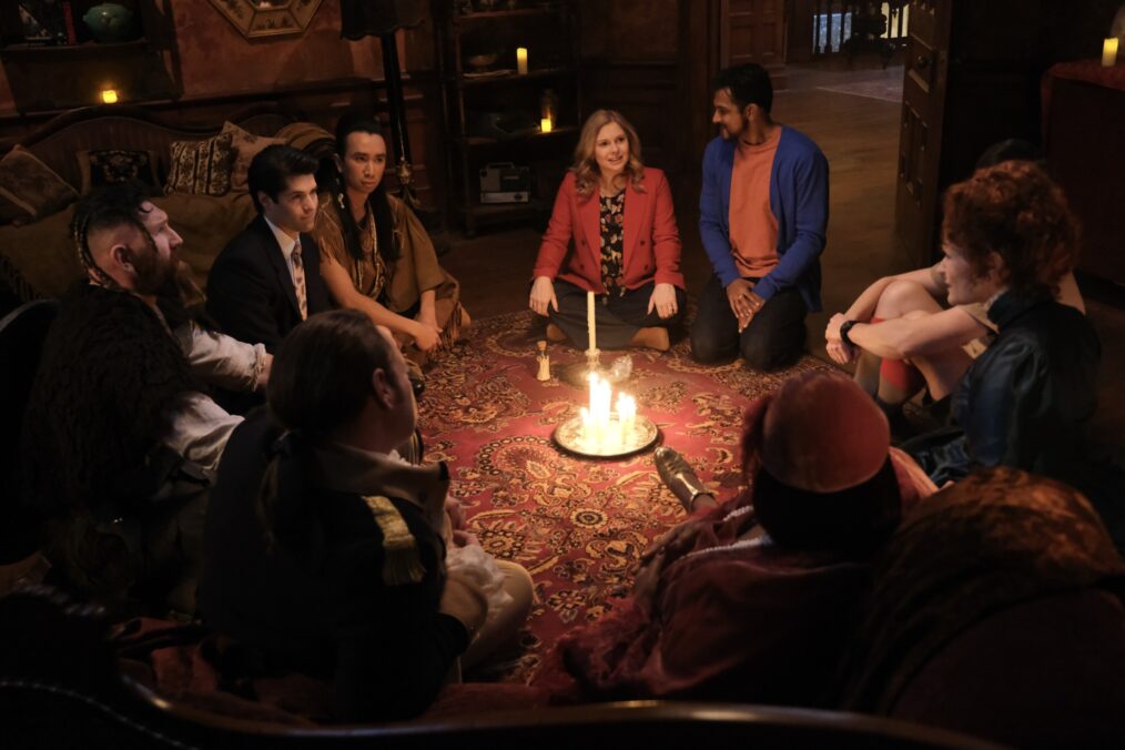 Devan Chandler Long as Thorfinn, Asher Grodman as Trevor, Roman Zaragoza as Sasappis, Rose McIver as Samantha and Utkarsh Ambudkar as Jay in 'Ghosts'