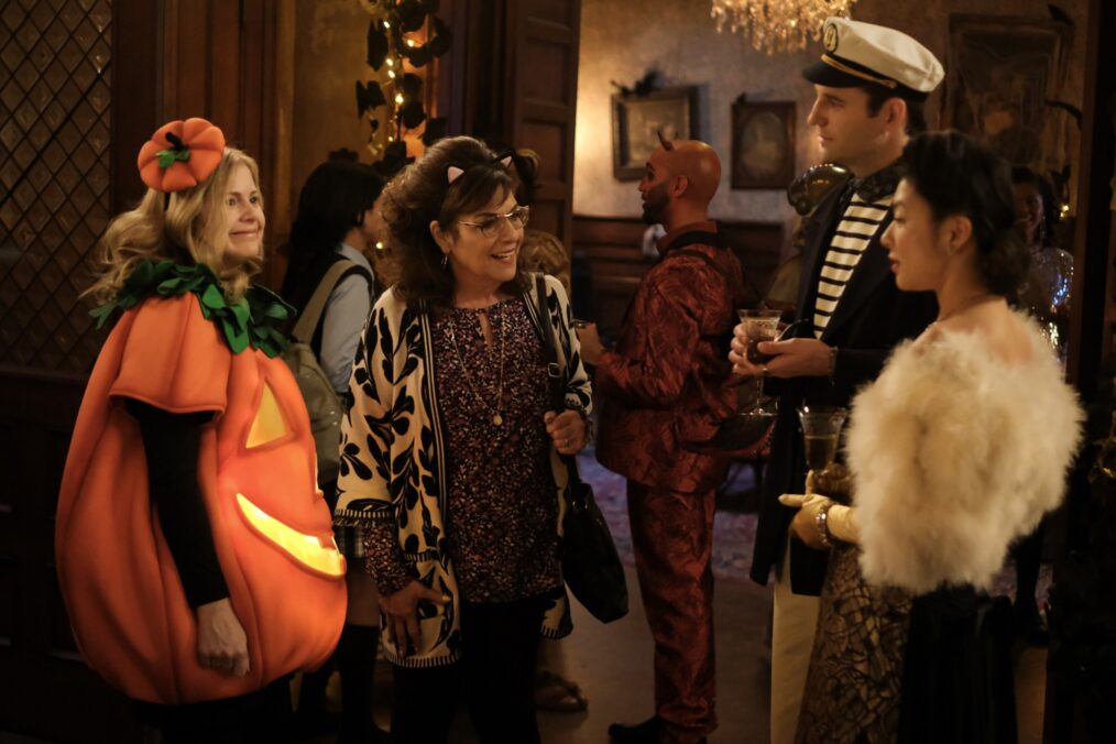 Rose McIver as Samantha,Caroline Aaron as Carol, John Reynolds and Christine Ko in 'Ghosts' Season 3 Halloween episode