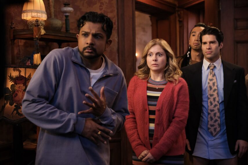 Utkarsh Ambudkar, Rose McIver, and Asher Grodman in 'Ghosts' Season 3