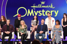 Elizabeth Yost, Paul Campbell, Aimee Garcia, Danny Griffin, Ali Skovbye, Victor Webster, Alison Sweeney, Luke Macfarlane, and Lyndie Greenwood at a Hallmark Mystery presentation at the TCA Winter Press Tour