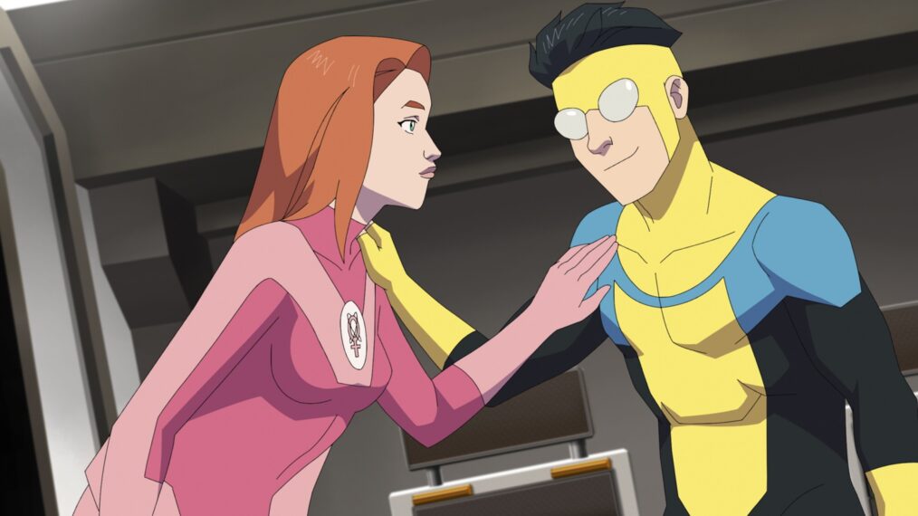 Gillian Jacobs (Atom Eve) und Steven Yeun (Mark Grayson) für „Invincible“ 