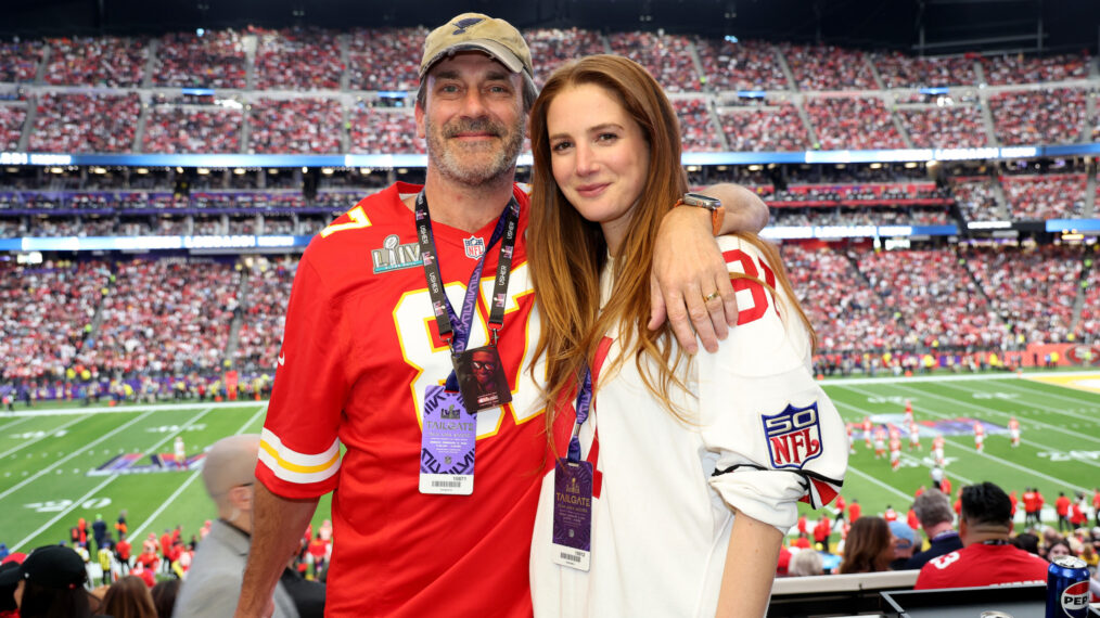 Jon Hamm and Anna Osceola attend the Super Bowl LVIII Pregame at Allegiant Stadium on February 11, 2024 in Las Vegas, Nevada