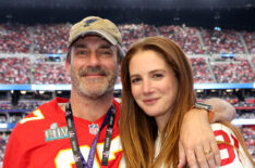 Jon Hamm and Anna Osceola attend the Super Bowl LVIII Pregame at Allegiant Stadium on February 11, 2024 in Las Vegas, Nevada