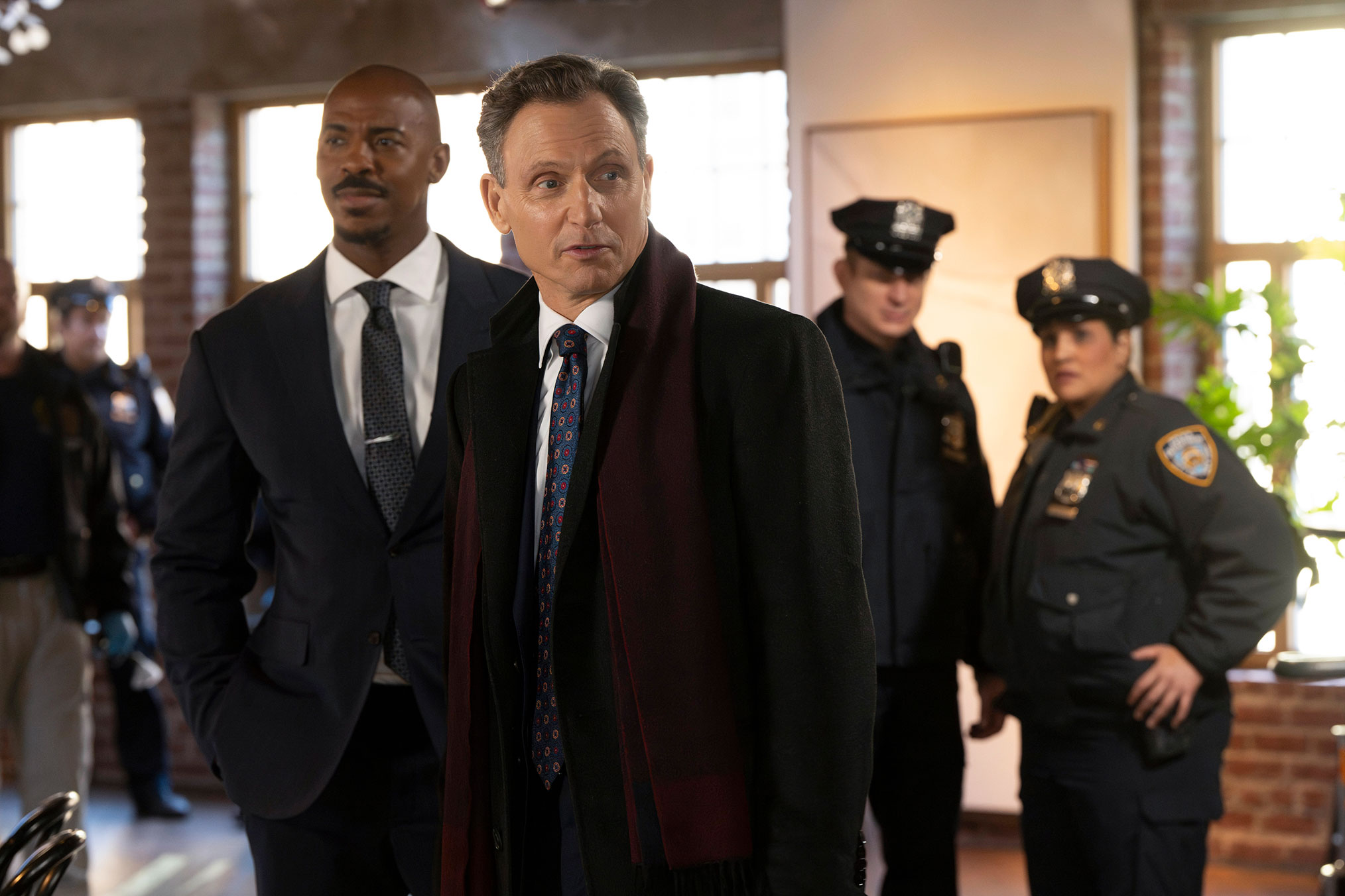 Mehcad Brooks as Det. Jalen Shaw, Tony Goldwyn as DA Nicholas Baxter in Law and Order