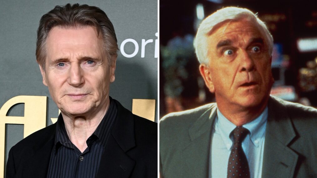 Liam Neeson (L), Leslie Nielsen in 'The Naked Gun' (R)