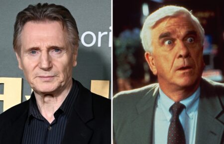 Liam Neeson (L), Leslie Nielsen in 'The Naked Gun' (R)