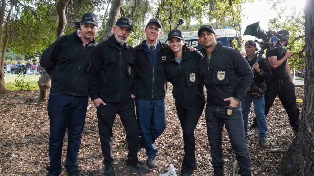 Sean Murray, Gary Cole, Brian Dietzen, Katrina Law, and Wilmer Valderrama shooting 'NCIS'