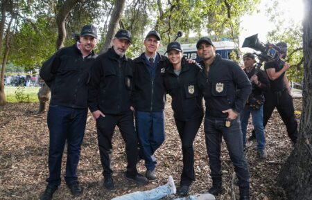 Sean Murray, Gary Cole, Brian Dietzen, Katrina Law, and Wilmer Valderrama shooting 'NCIS'