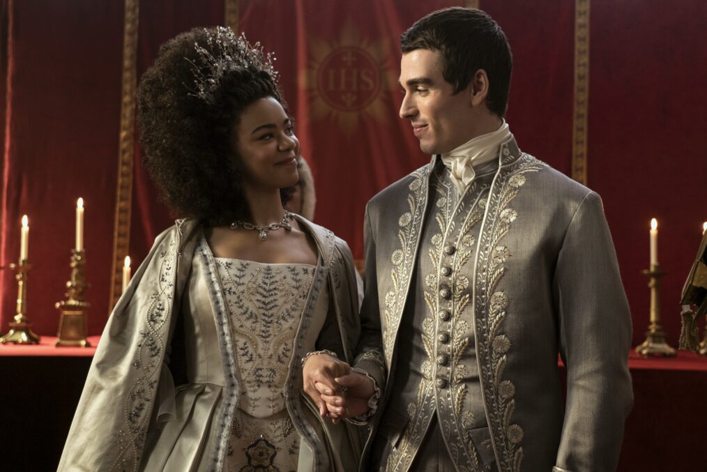 India Amarteifio and Corey Mylchreest in 'Queen Charlotte: A Bridgerton Story'