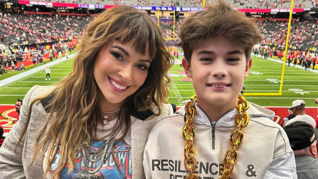 Alyssa Milano and son Milo Bugliari at the 2024 Super Bowl