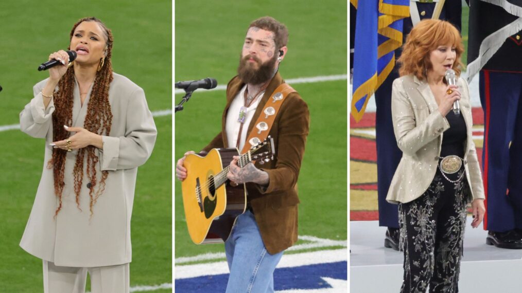 Andra Day, Post Malone, and Reba McEntire at the 2024 Super Bowl