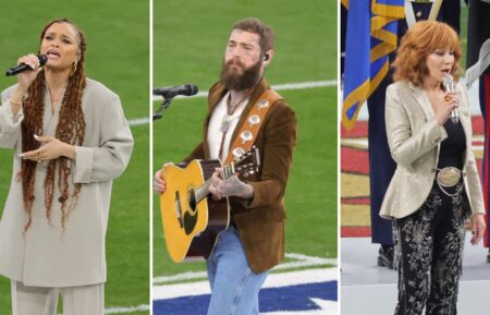 Andra Day, Post Malone, and Reba McEntire at the 2024 Super Bowl