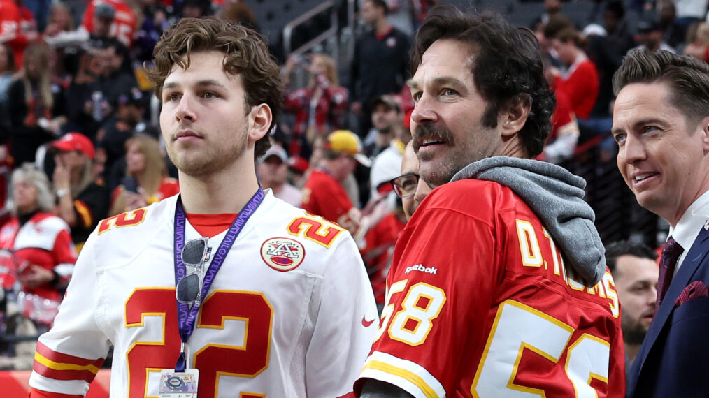 Jack Rudd and Paul Rudd at the 2024 Super Bowl