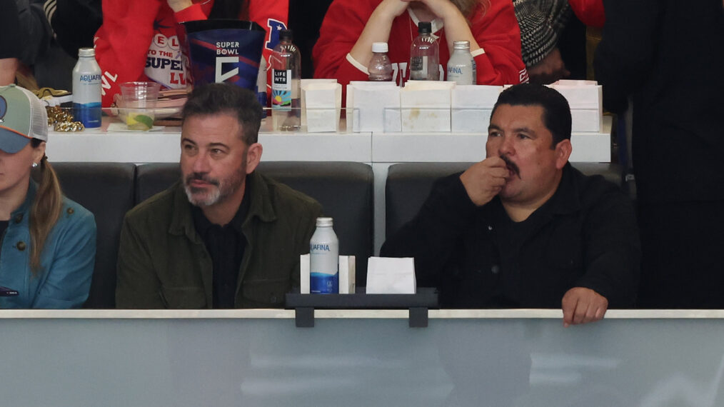 Jimmy Kimmel and Guillermo Rodriguez at the 2024 Super Bowl