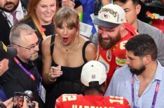 Mecole Hardman Jr. #12 of the Kansas City Chiefs celebrates with Travis Kelce #87 and Taylor Swift after defeating the San Francisco 49ers 25-22 during Super Bowl LVIII at Allegiant Stadium