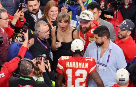 Mecole Hardman Jr. #12 of the Kansas City Chiefs celebrates with Travis Kelce #87 and Taylor Swift after defeating the San Francisco 49ers 25-22 during Super Bowl LVIII at Allegiant Stadium