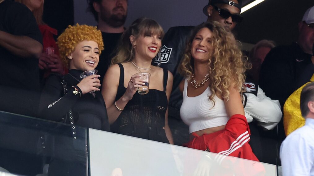 Ice Spice, Taylor Swift, and Blake Lively react prior to Super Bowl LVIII between the San Francisco 49ers and Kansas City Chiefs at Allegiant Stadium