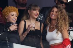 Ice Spice, Taylor Swift, and Blake Lively react prior to Super Bowl LVIII between the San Francisco 49ers and Kansas City Chiefs at Allegiant Stadium