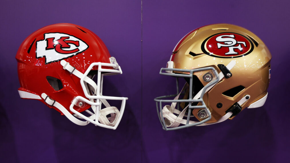 A Kansas City Chiefs helment and a San Francisco 49ers helmet seen ahead of Super Bowl LVIII