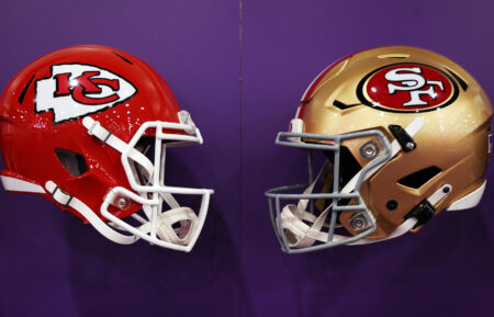 A Kansas City Chiefs helment and a San Francisco 49ers helmet seen ahead of Super Bowl LVIII