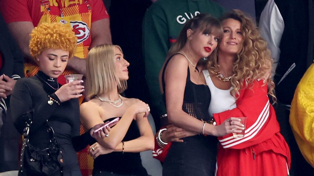 Taylor Swift and Blake Lively hug prior to Super Bowl LVIII between the San Francisco 49ers and Kansas City Chiefs at Allegiant Stadium