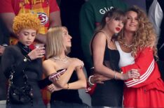 Taylor Swift and Blake Lively hug prior to Super Bowl LVIII between the San Francisco 49ers and Kansas City Chiefs at Allegiant Stadium