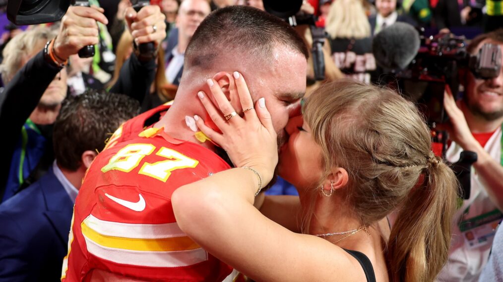 Travis Kelce #87 of the Kansas City Chiefs kisses Taylor Swift after defeating the San Francisco 49ers 2 during Super Bowl LVIII at Allegiant Stadium