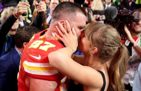 Travis Kelce #87 of the Kansas City Chiefs kisses Taylor Swift after defeating the San Francisco 49ers 2 during Super Bowl LVIII at Allegiant Stadium