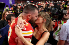 Travis Kelce #87 of the Kansas City Chiefs and Taylor Swift embrace after defeating the San Francisco 49ers in overtime during Super Bowl LVIII at Allegiant Stadium on February 11, 2024 in Las Vegas, Nevada.