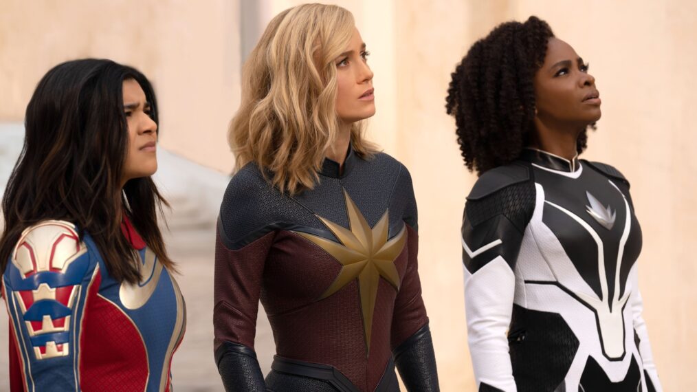 Iman Vellani as Ms. Marvel, Brie Larson as Captain Marvel, Teyonah Parris as Captain Monica Rambeau in 'The Marvels'