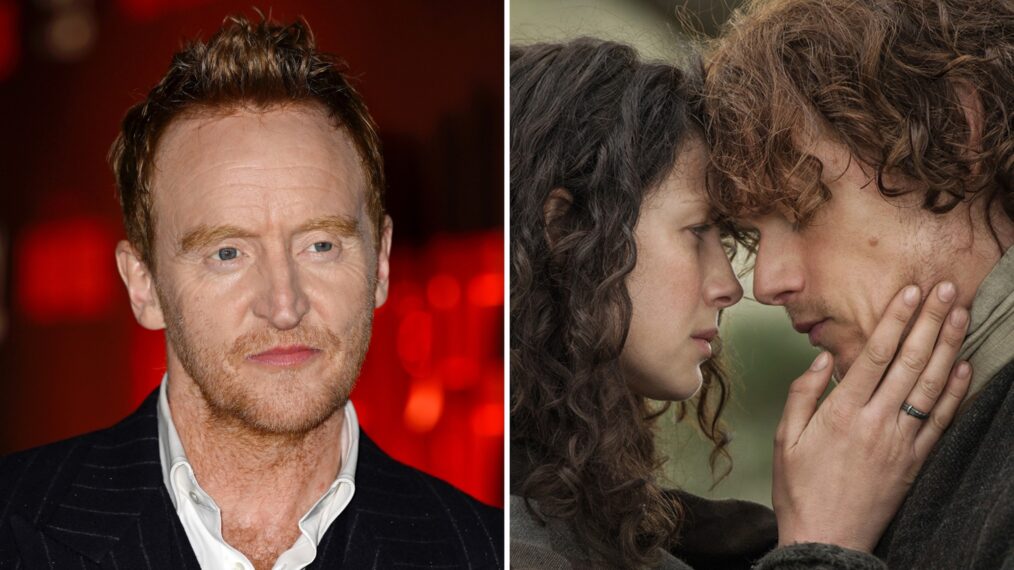 Tony Curran at 'Mary & George' premiere (L); Caitriona Balfe and Sam Heughan in 'Outlander' (R)
