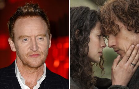 Tony Curran at 'Mary & George' premiere (L); Caitriona Balfe and Sam Heughan in 'Outlander' (R)
