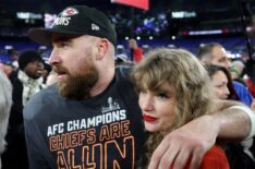 Travis Kelce and Taylor Swift on the field after the 2024 AFC Championship game